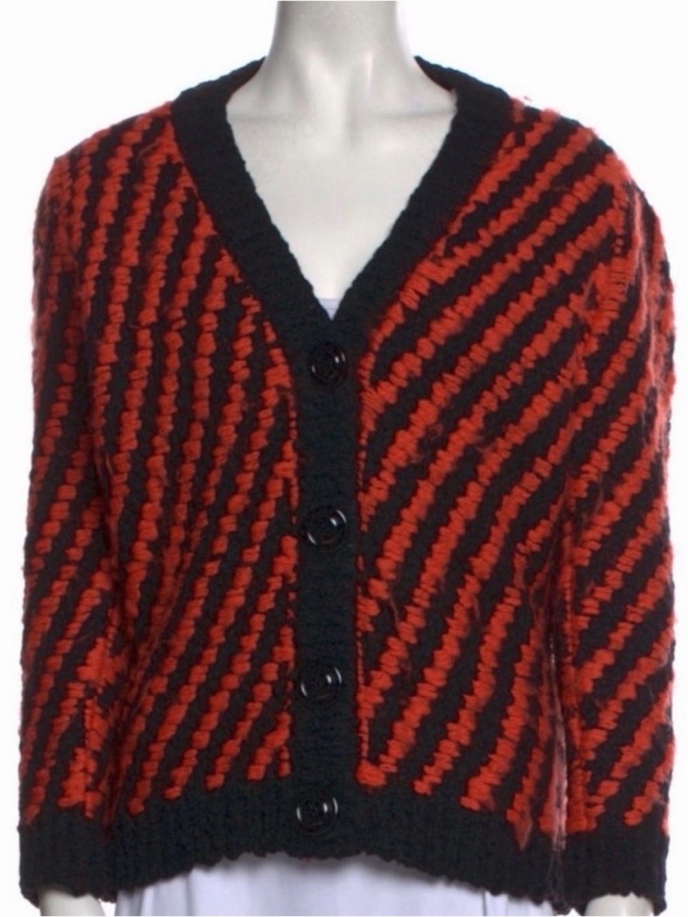 Miu Miu Chunky Wool Cardigan Red Black Striped Popcorn Knit Y2K Sweater size s